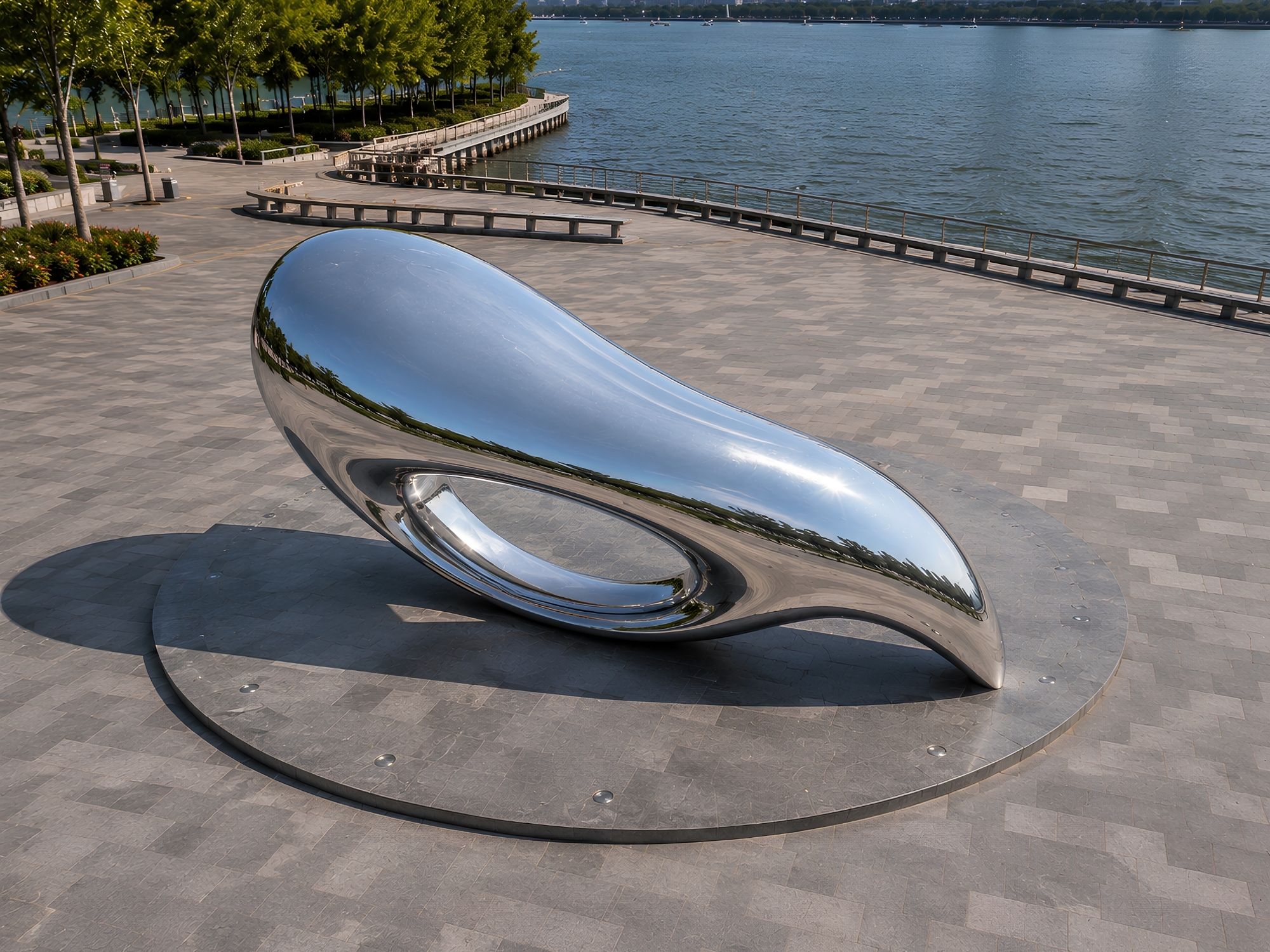 Aether Loop contemporary stainless steel abstract sculpture by FORMA Sculptures, featuring a fluid aerodynamic form that symbolizes movement, infinity, and the seamless connection between art, architecture, and nature.