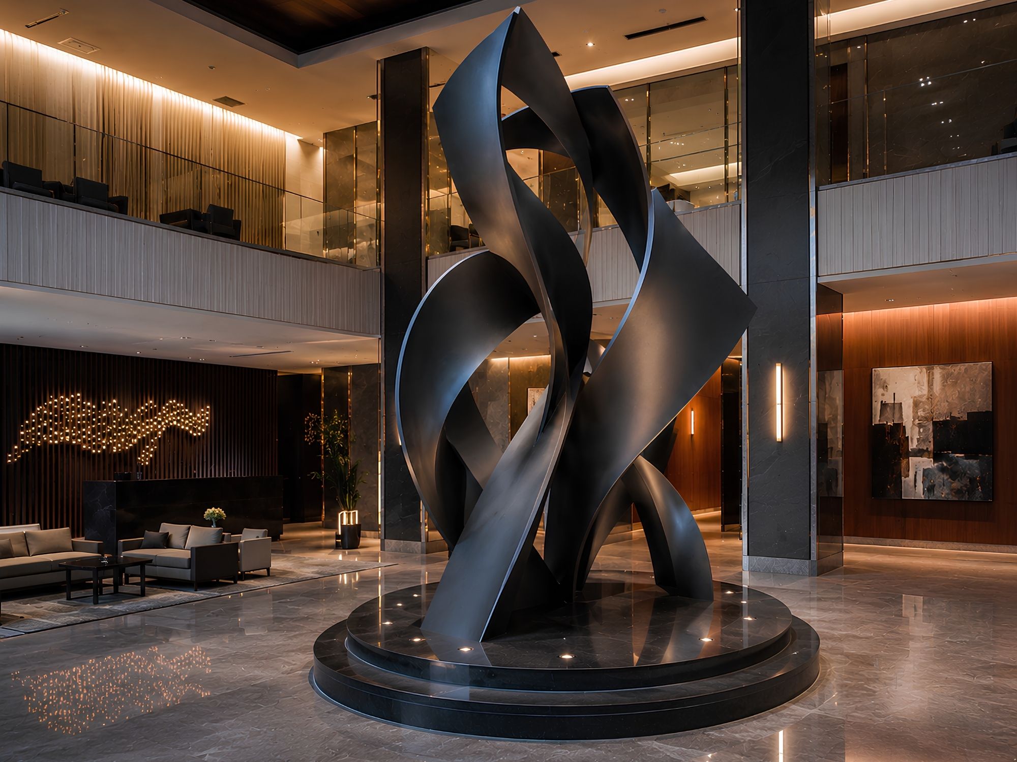 Ascension contemporary abstract steel sculpture by FORMA Sculptures, featuring elegant twisting forms that symbolize ambition, transformation, and the continuous pursuit of higher achievement in luxury architectural spaces.
