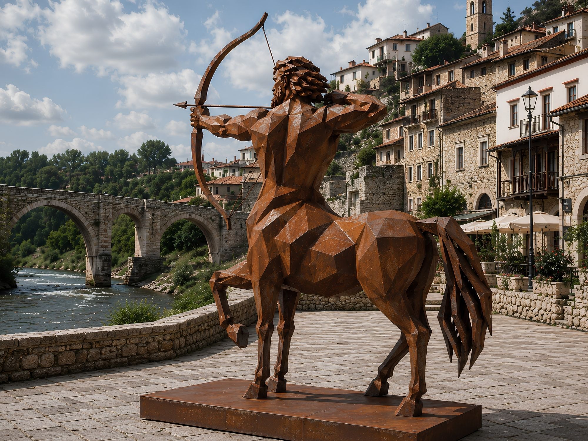 Chiron contemporary Corten steel centaur sculpture by FORMA Sculptures, depicting the legendary archer in a geometric architectural style that symbolizes wisdom, strength, precision, and the harmony between human intellect and natural instinct.
