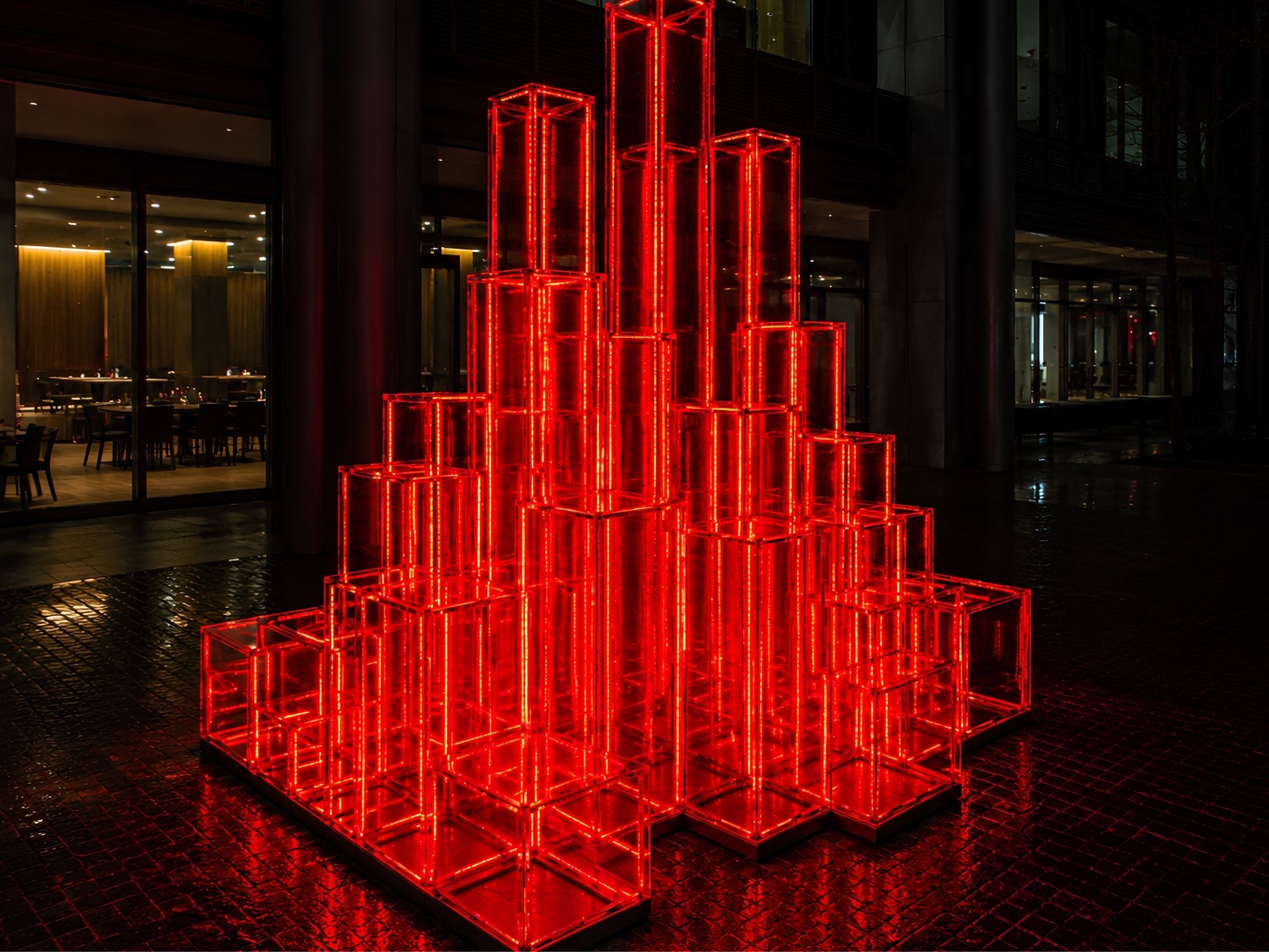 Crimson Pulse contemporary illuminated LED sculpture by FORMA Sculptures, featuring glowing geometric cubes that symbolize energy, connectivity, innovation, and the vibrant rhythm of modern cities.