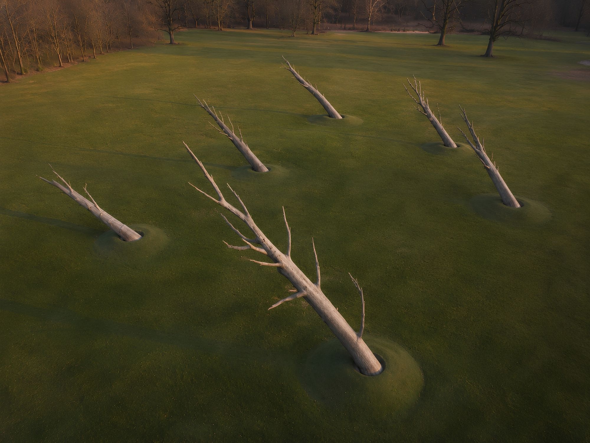 Echoes of the Forest environmental land art installation by FORMA Sculptures, featuring monumental timber trunks emerging from the landscape to symbolize memory, resilience, and the enduring relationship between nature and humanity.