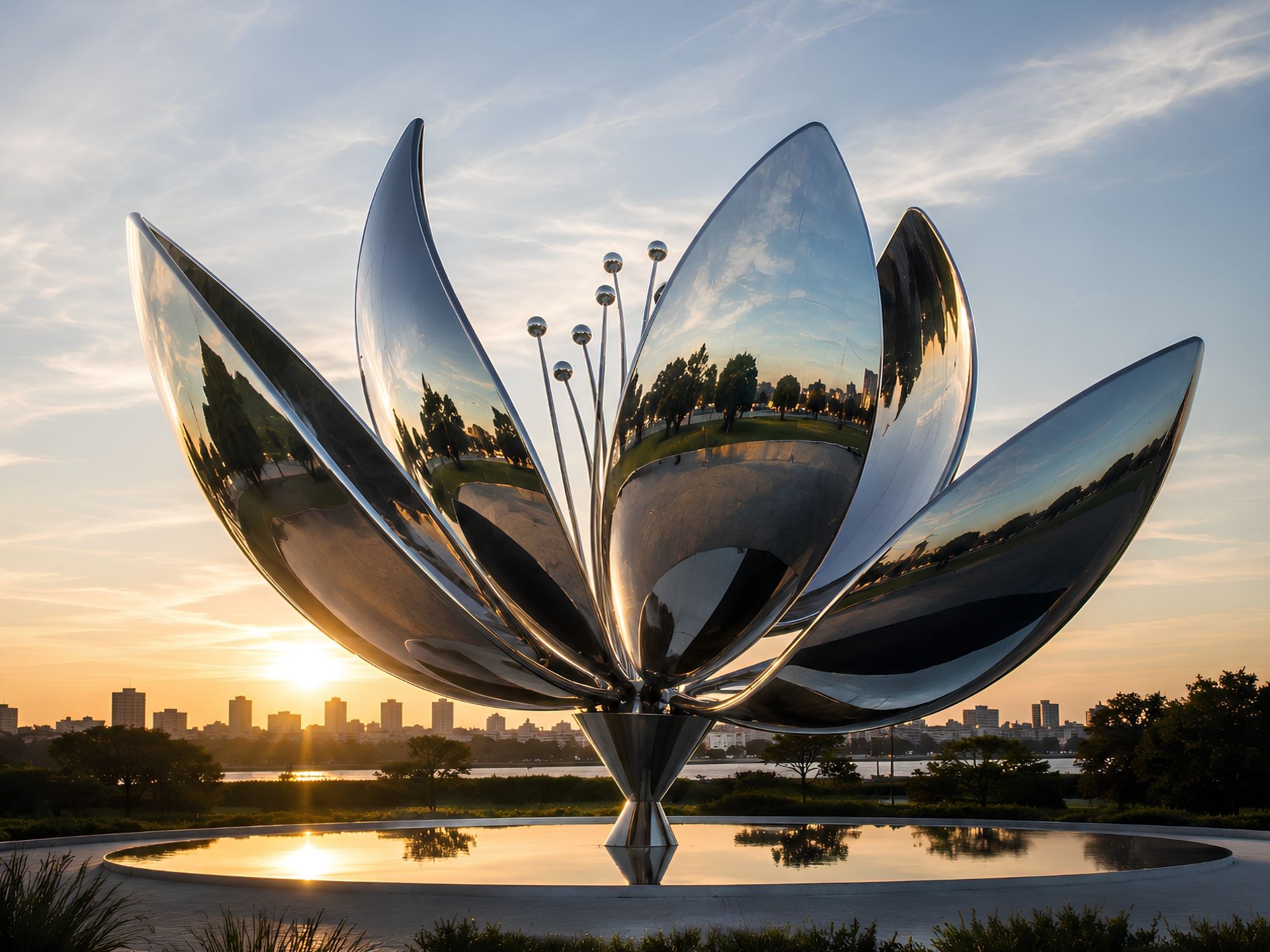Elysian Petals contemporary stainless steel floral sculpture by FORMA Sculptures, featuring elegant mirrored petals inspired by nature that symbolize beauty, renewal, harmony, and the blossoming of life.