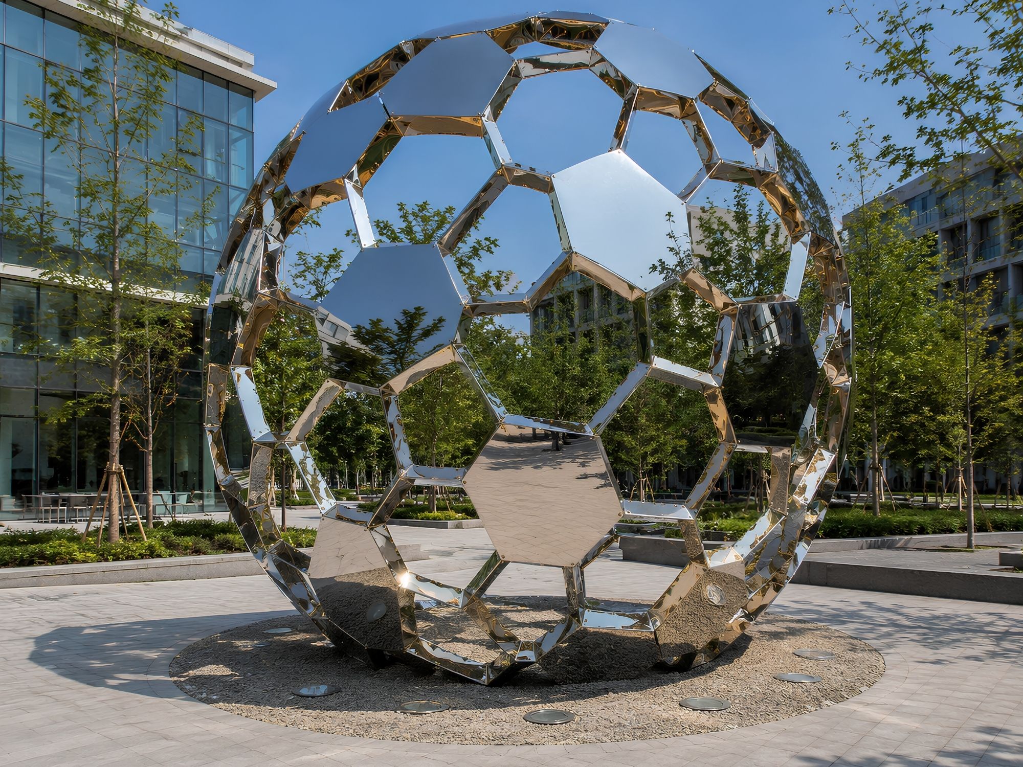 Nexus Sphere contemporary stainless steel geometric sphere sculpture by FORMA Sculptures, creating a landmark public art installation for urban plazas, corporate campuses, and luxury developments.
