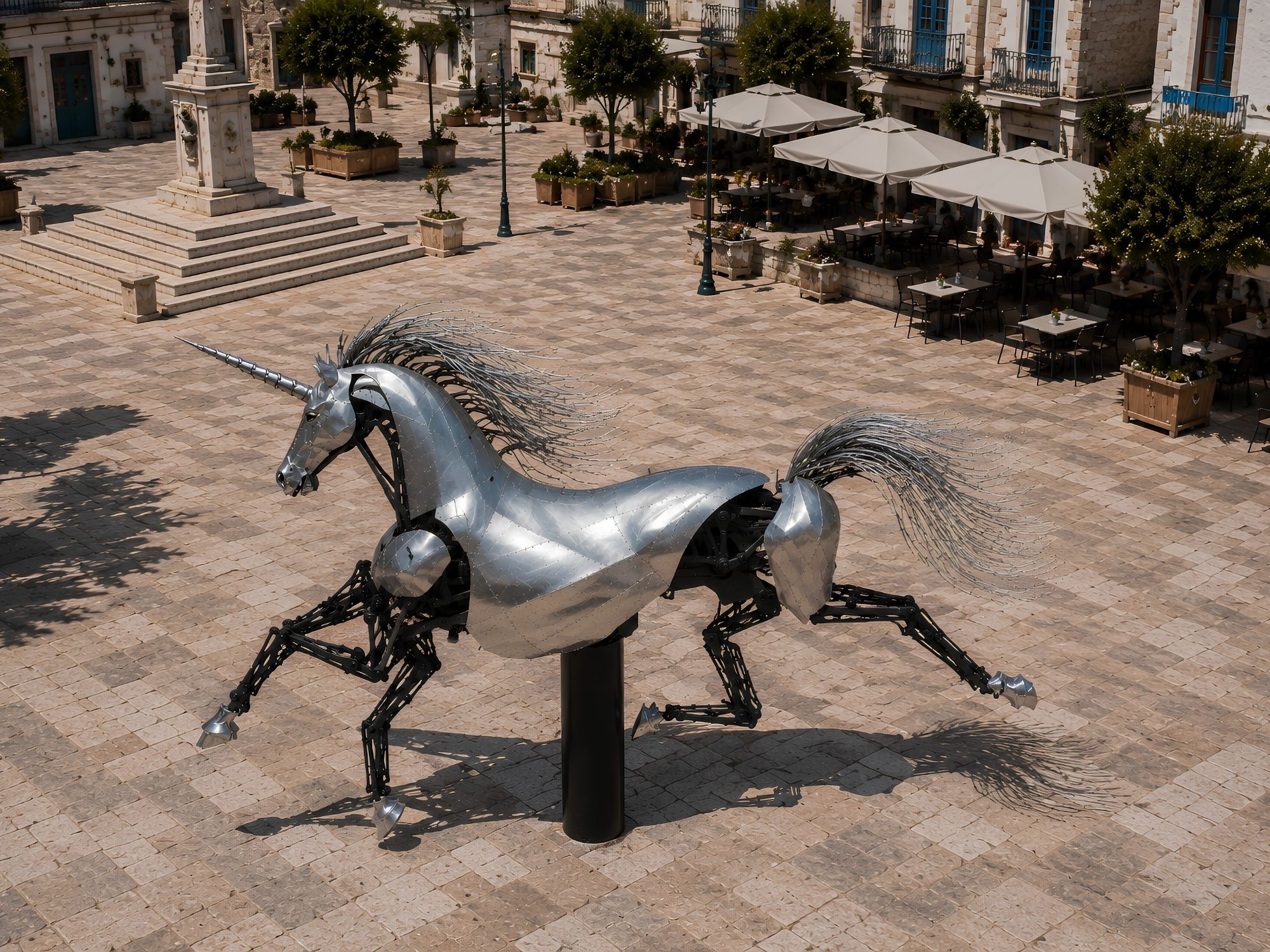 Pegasus Prime contemporary stainless steel unicorn sculpture by FORMA Sculptures, combining mechanical artistry and fantasy to create a landmark public art installation for luxury developments and cultural destinations.