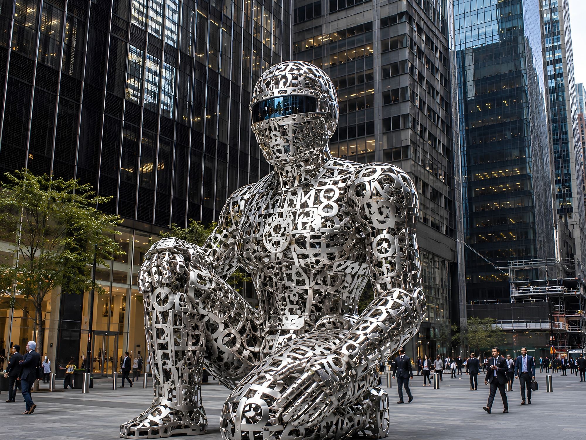 The Thinker contemporary stainless steel human sculpture by FORMA Sculptures, featuring an abstract figure crafted from typographic forms, creating a landmark public art installation for corporate, cultural, and urban environments.