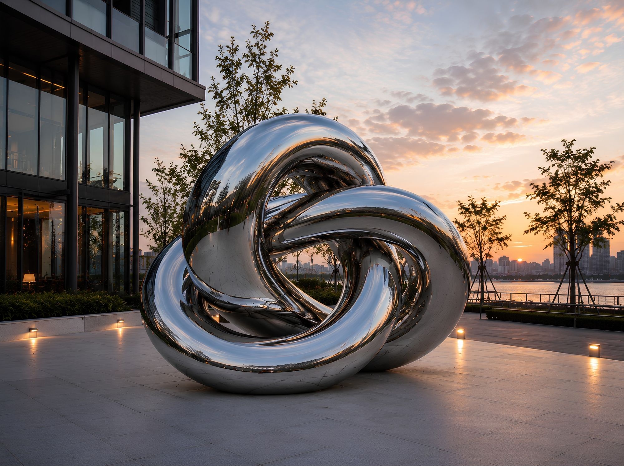 Trinity Flow contemporary stainless steel knot sculpture by FORMA Sculptures, featuring intertwined polished forms that create a landmark public art installation for luxury developments, corporate headquarters, and urban plazas.