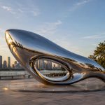 Aether Loop contemporary stainless steel abstract sculpture by FORMA Sculptures, featuring a fluid aerodynamic form that symbolizes movement, infinity, and the seamless connection between art, architecture, and nature.