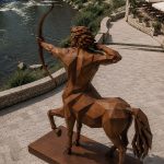 Chiron contemporary Corten steel centaur sculpture by FORMA Sculptures, depicting the legendary archer in a geometric architectural style that symbolizes wisdom, strength, precision, and the harmony between human intellect and natural instinct.