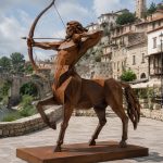 Chiron contemporary Corten steel centaur sculpture by FORMA Sculptures, depicting the legendary archer in a geometric architectural style that symbolizes wisdom, strength, precision, and the harmony between human intellect and natural instinct.