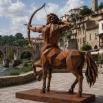 Chiron contemporary Corten steel centaur sculpture by FORMA Sculptures, depicting the legendary archer in a geometric architectural style that symbolizes wisdom, strength, precision, and the harmony between human intellect and natural instinct.
