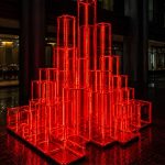 Crimson Pulse contemporary illuminated LED sculpture by FORMA Sculptures, featuring glowing geometric cubes that symbolize energy, connectivity, innovation, and the vibrant rhythm of modern cities.