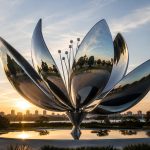 Elysian Petals contemporary stainless steel floral sculpture by FORMA Sculptures, featuring elegant mirrored petals inspired by nature that symbolize beauty, renewal, harmony, and the blossoming of life.