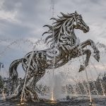 Equinox contemporary stainless steel horse sculpture by FORMA Sculptures, creating a dynamic architectural fountain and landmark public art installation for luxury developments and urban spaces.