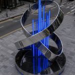 Infinite Ribbon contemporary stainless steel architectural sculpture by FORMA Sculptures, featuring a flowing ribbon form with integrated blue lighting for landmark public art in urban environments.