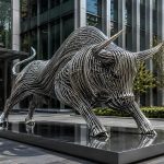 Momentum contemporary stainless steel bull sculpture by FORMA Sculptures, symbolizing strength, resilience, and financial growth for corporate headquarters, business districts, and landmark developments.