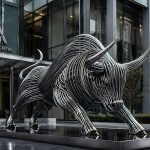 Momentum contemporary stainless steel bull sculpture by FORMA Sculptures, symbolizing strength, resilience, and financial growth for corporate headquarters, business districts, and landmark developments.