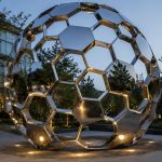 Nexus Sphere contemporary stainless steel geometric sphere sculpture by FORMA Sculptures, creating a landmark public art installation for urban plazas, corporate campuses, and luxury developments.
