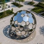 Nexus Sphere contemporary stainless steel geometric sphere sculpture by FORMA Sculptures, creating a landmark public art installation for urban plazas, corporate campuses, and luxury developments.