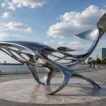 Ocean Sentinel contemporary stainless steel whale sculpture by FORMA Sculptures, creating a landmark waterfront public art installation for marinas, coastal developments, and urban promenades.