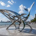 Ocean Sentinel contemporary stainless steel whale sculpture by FORMA Sculptures, creating a landmark waterfront public art installation for marinas, coastal developments, and urban promenades.