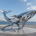 Ocean Sentinel contemporary stainless steel whale sculpture by FORMA Sculptures, creating a landmark waterfront public art installation for marinas, coastal developments, and urban promenades.
