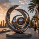 Orbital Flow contemporary stainless steel abstract sculpture by FORMA Sculptures, featuring flowing orbital forms and a reflective sphere for landmark waterfront public art and luxury developments.