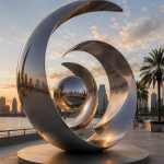 Orbital Flow contemporary stainless steel abstract sculpture by FORMA Sculptures, featuring flowing orbital forms and a reflective sphere for landmark waterfront public art and luxury developments.