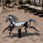 Pegasus Prime contemporary stainless steel unicorn sculpture by FORMA Sculptures, combining mechanical artistry and fantasy to create a landmark public art installation for luxury developments and cultural destinations.