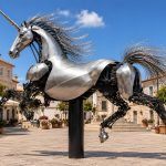 Pegasus Prime contemporary stainless steel unicorn sculpture by FORMA Sculptures, combining mechanical artistry and fantasy to create a landmark public art installation for luxury developments and cultural destinations.