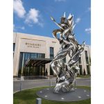 Phoenix Ascending contemporary stainless steel architectural sculpture by FORMA Sculptures, inspired by the mythical phoenix and designed as a landmark public art installation for luxury hotels, corporate headquarters, and cultural destinations.