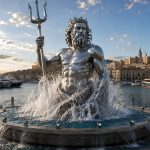 Poseidon Ascend contemporary stainless steel Poseidon fountain sculpture by FORMA Sculptures, creating a landmark waterfront public art installation for marinas, ports, luxury resorts, and coastal developments.
