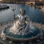 Poseidon Ascend contemporary stainless steel Poseidon fountain sculpture by FORMA Sculptures, creating a landmark waterfront public art installation for marinas, ports, luxury resorts, and coastal developments.