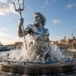 Poseidon Ascend contemporary stainless steel Poseidon fountain sculpture by FORMA Sculptures, creating a landmark waterfront public art installation for marinas, ports, luxury resorts, and coastal developments.