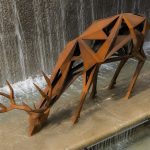 Silent Spring contemporary corten steel deer sculpture by FORMA Sculptures, featuring geometric forms inspired by wildlife for public parks, gardens, resorts, and landscape architecture.
