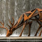 Silent Spring contemporary corten steel deer sculpture by FORMA Sculptures, featuring geometric forms inspired by wildlife for public parks, gardens, resorts, and landscape architecture.