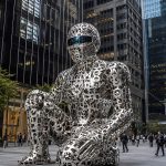 The Thinker contemporary stainless steel human sculpture by FORMA Sculptures, featuring an abstract figure crafted from typographic forms, creating a landmark public art installation for corporate, cultural, and urban environments.