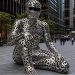 The Thinker contemporary stainless steel human sculpture by FORMA Sculptures, featuring an abstract figure crafted from typographic forms, creating a landmark public art installation for corporate, cultural, and urban environments.