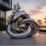 Trinity Flow contemporary stainless steel knot sculpture by FORMA Sculptures, featuring intertwined polished forms that create a landmark public art installation for luxury developments, corporate headquarters, and urban plazas.