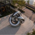 Trinity Flow contemporary stainless steel knot sculpture by FORMA Sculptures, featuring intertwined polished forms that create a landmark public art installation for luxury developments, corporate headquarters, and urban plazas.