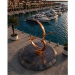 True North contemporary copper bow and arrow sculpture by FORMA Sculptures, symbolizing vision, purpose, and precision, designed as a landmark installation for marinas, waterfront developments, luxury resorts, and public spaces.