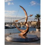 True North contemporary copper bow and arrow sculpture by FORMA Sculptures, symbolizing vision, purpose, and precision, designed as a landmark installation for marinas, waterfront developments, luxury resorts, and public spaces.