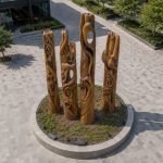 Whispers of the Forest contemporary monumental timber sculpture by FORMA Sculptures, featuring hand-carved organic forms inspired by nature for public art and urban landscapes.